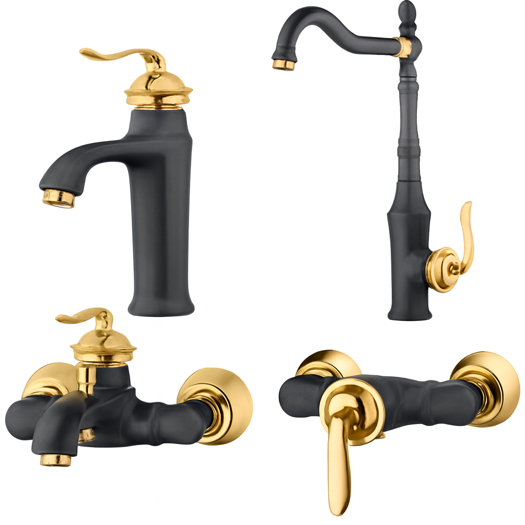  ست کامل شیرآلات هلن مشکی طلایی | برای آشپزخانه، حمام و سرویس بهداشتی 