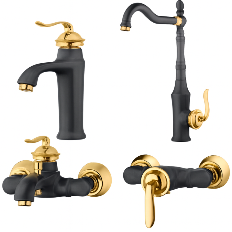 ست کامل شیرآلات هلن مشکی طلایی | برای آشپزخانه، حمام و سرویس بهداشتی